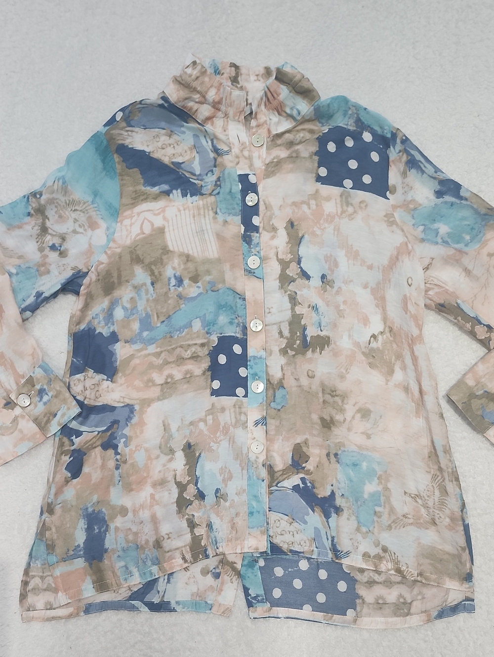 Multiples Rayon Blend Artsy 3/4 Sleeve Ruffle Neck Button Down Shirt